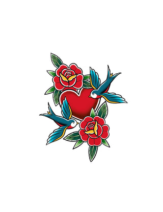 Traditional Heart, Roses, and Swallows