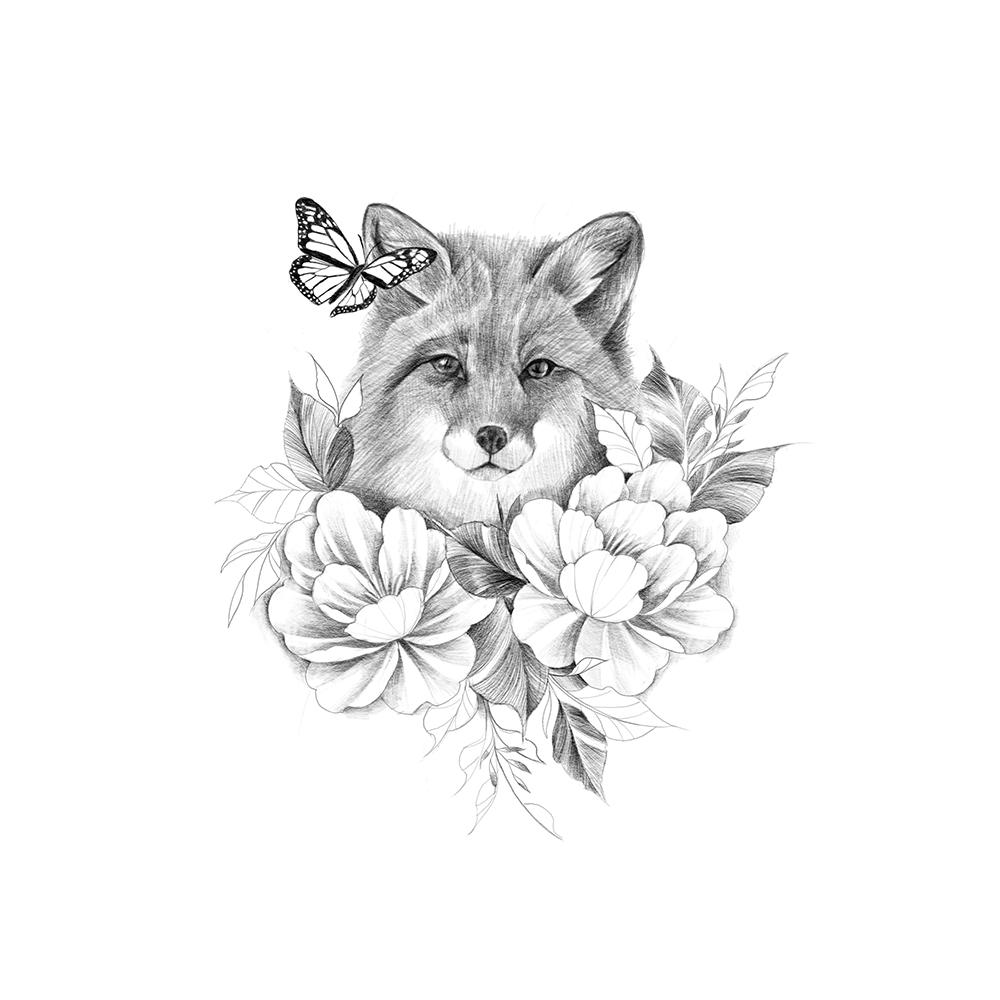 Fox with Peonies Chronic Ink