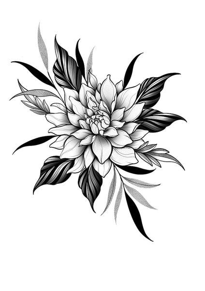 Black Ink Dahlia Flowers Tattoo Design For Sleeve