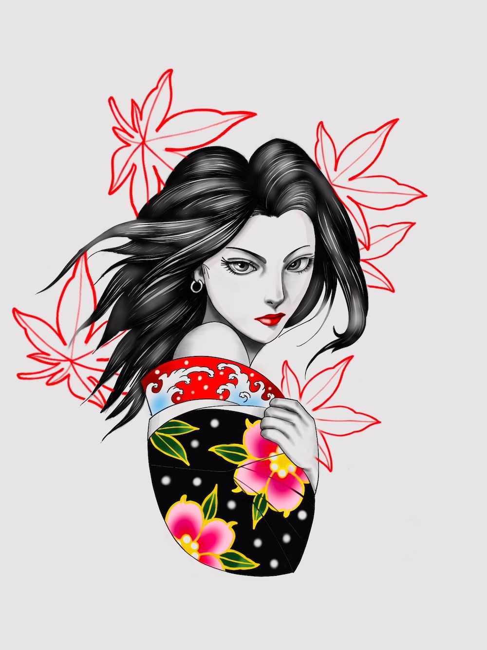 Japanese geisha with a cherry tree tattoo on her - Stock Illustration  [64761001] - PIXTA