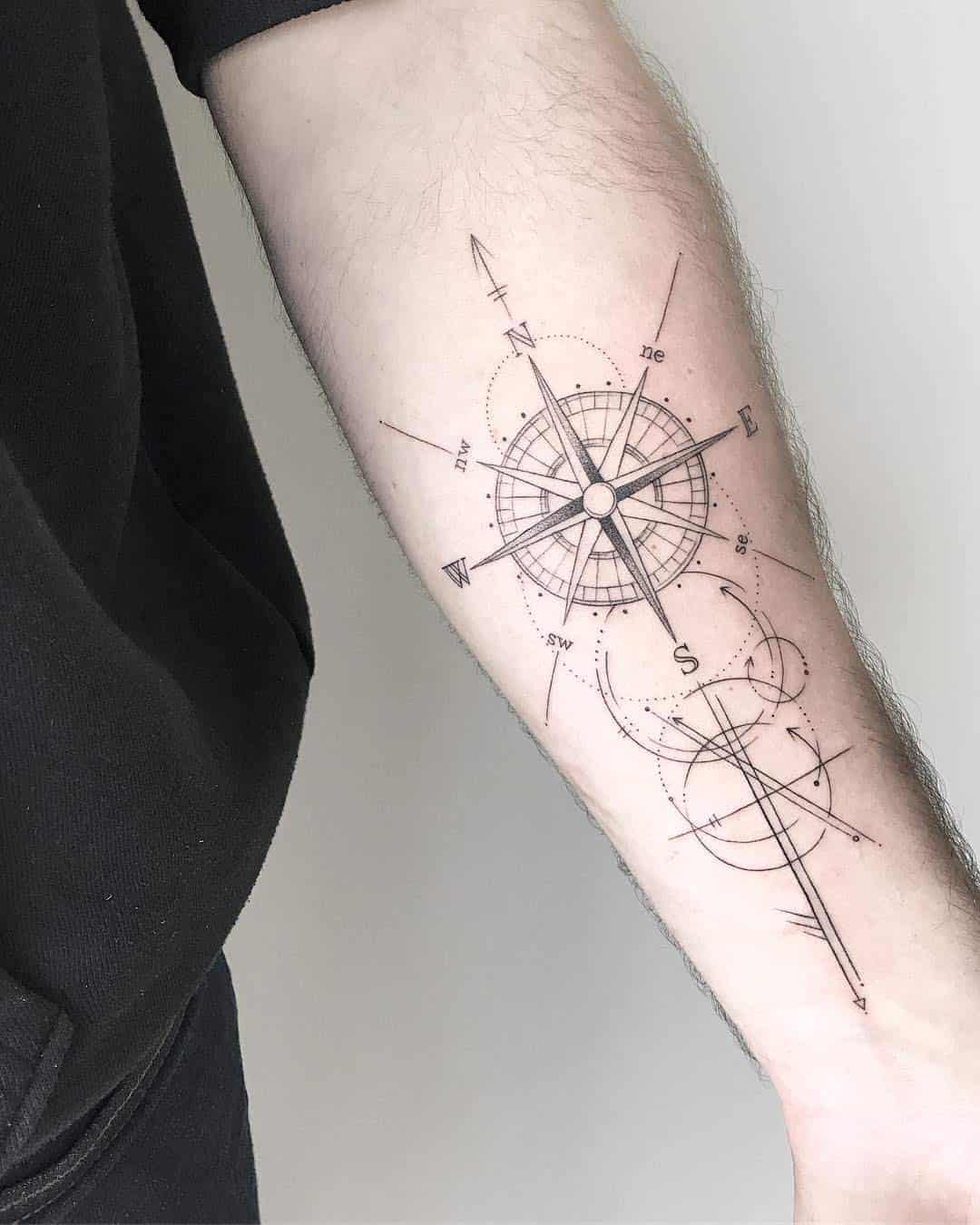 Fine line arrow tattoo on the right inner forearm